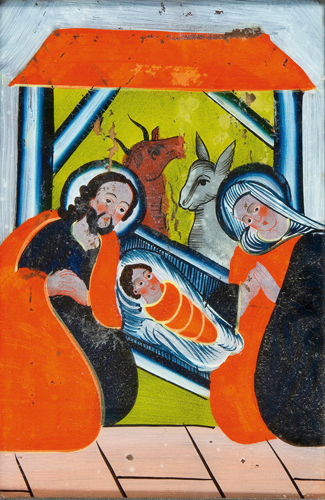 Hinterglasmalerei aus dem 19. Jahrhundert, die Geburt Jesu darstellend